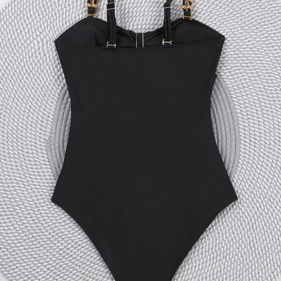 Black Sexy Women's Colorblock Hollow Out One Piece Swimsuit - Picture 3 of 5